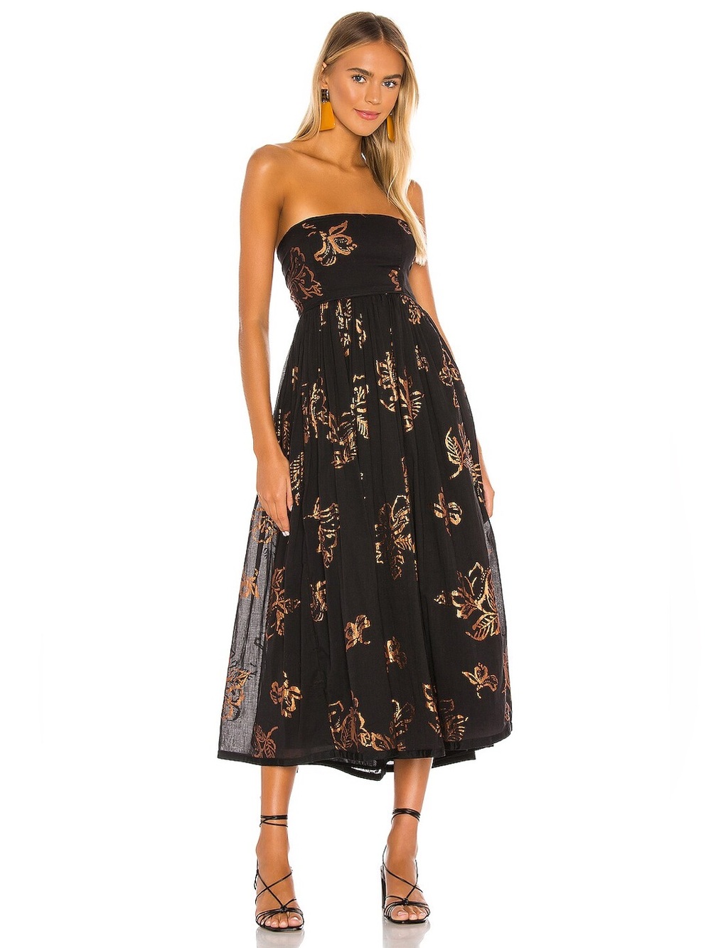 Free People Baja Babe Metallic Floral Strapless Midi Dress S
